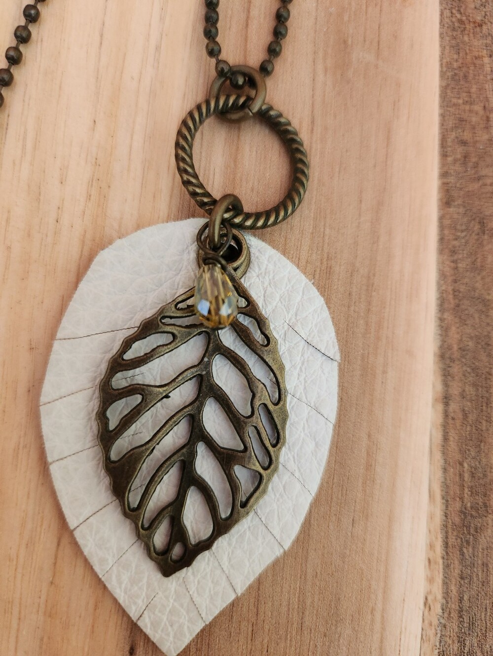 Boho long ball chain leather mixed metal leather leaf crystal necklace cream